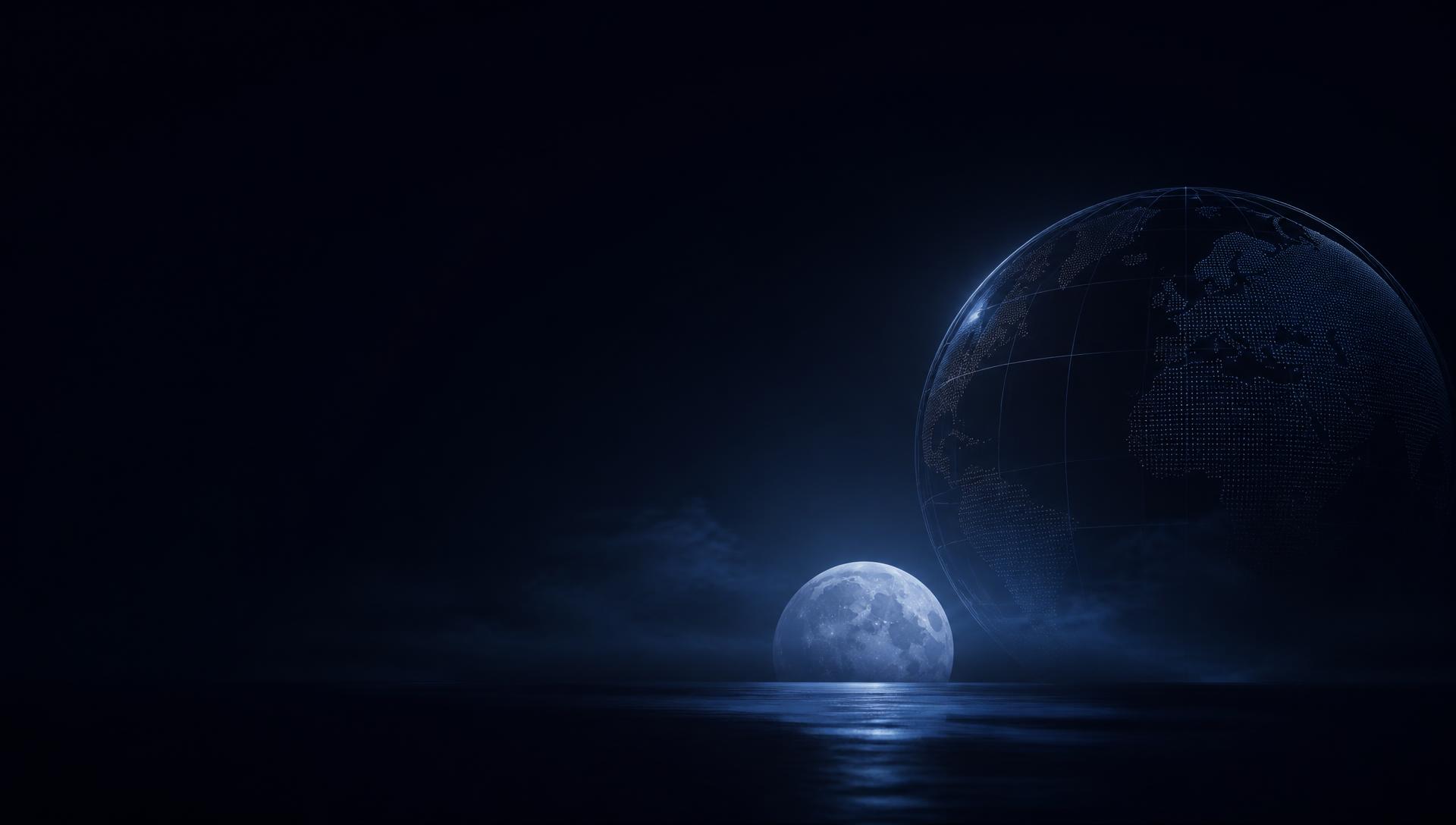 Blue moon rising beside a wireframe globe over a dark horizon